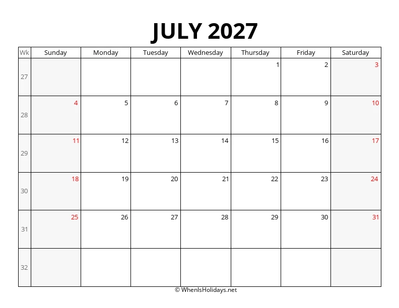 July 2027 Week Number Calendar