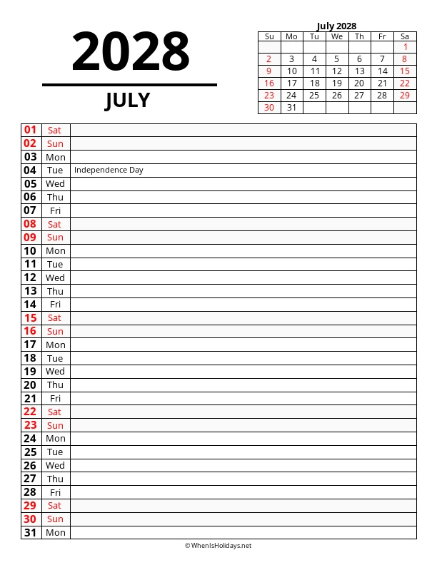 July 2028 Agenda Calendar