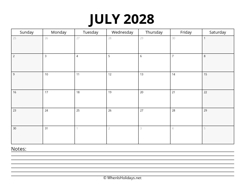 July 2028 Bottom Notes Calendar