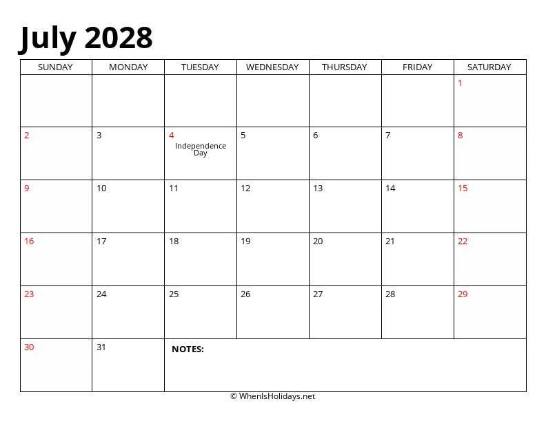 July 2028 Classic Calendar