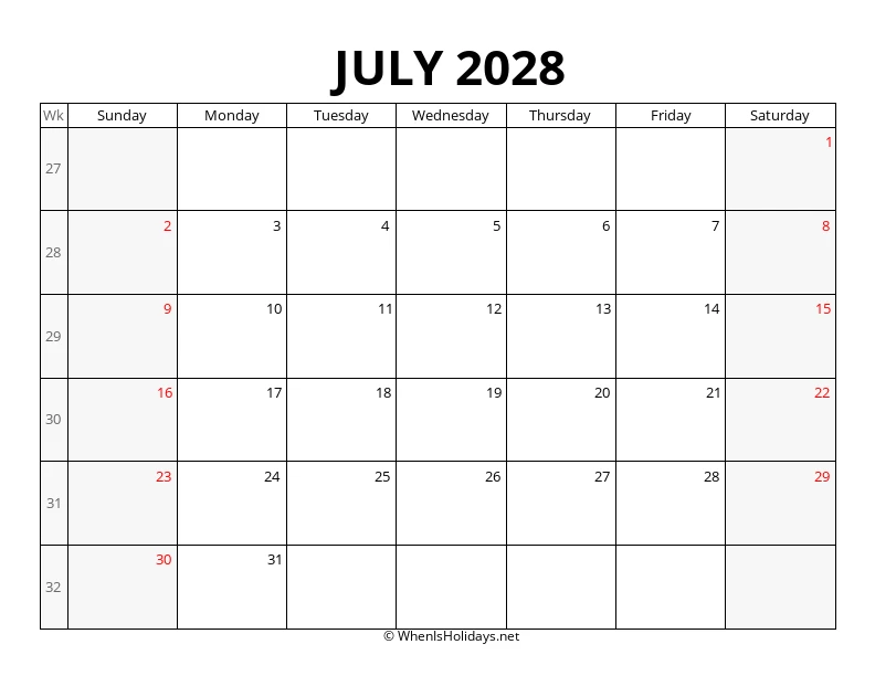 July 2028 Week Number Calendar