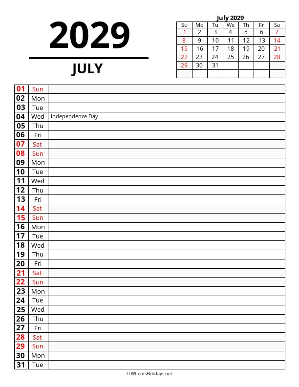 July 2029 Agenda Calendar