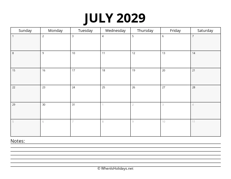 July 2029 Bottom Notes Calendar