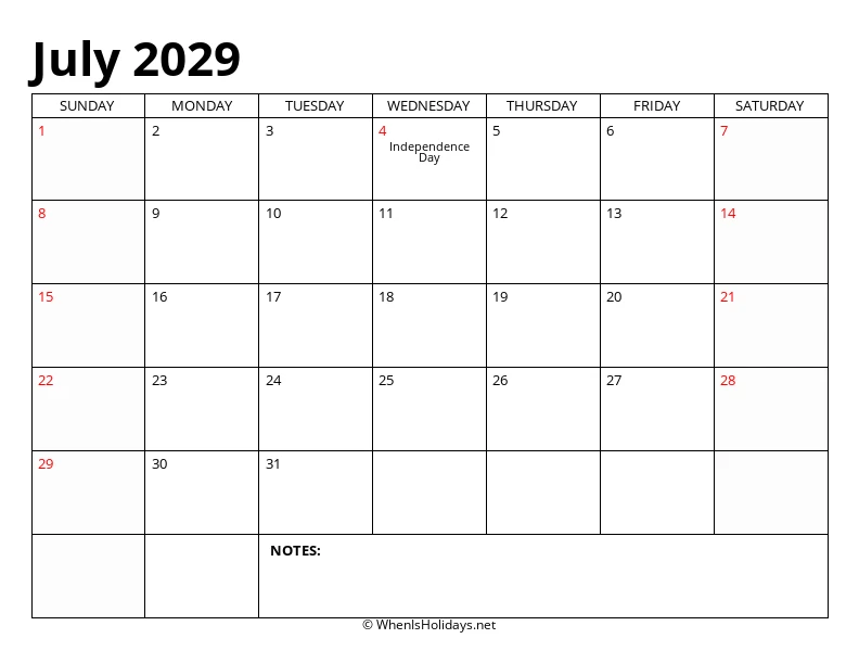 July 2029 Classic Calendar