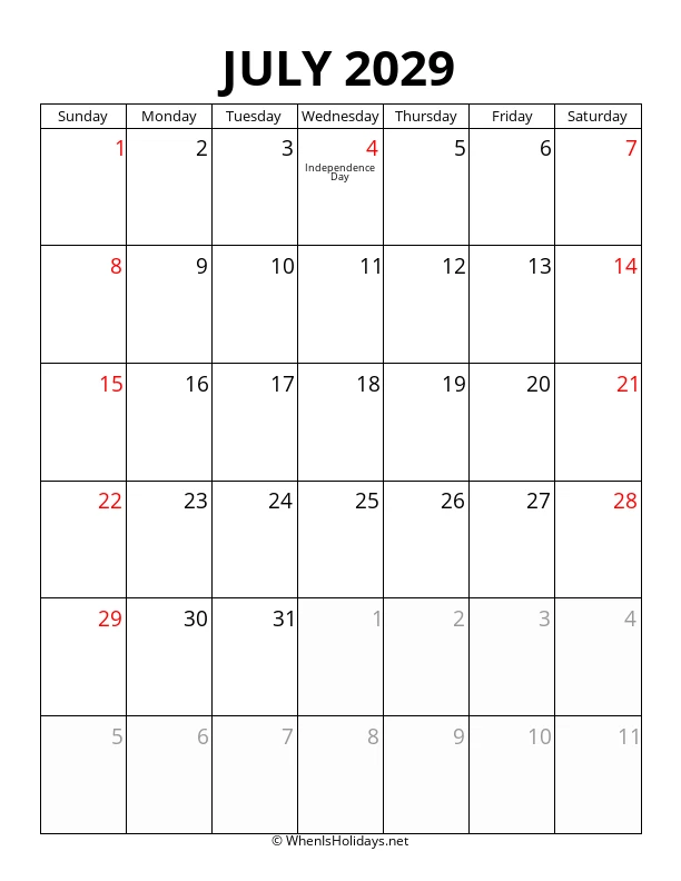 July 2029 Portrait Calendar
