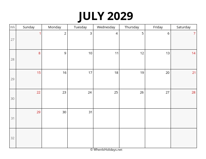 July 2029 Week Number Calendar