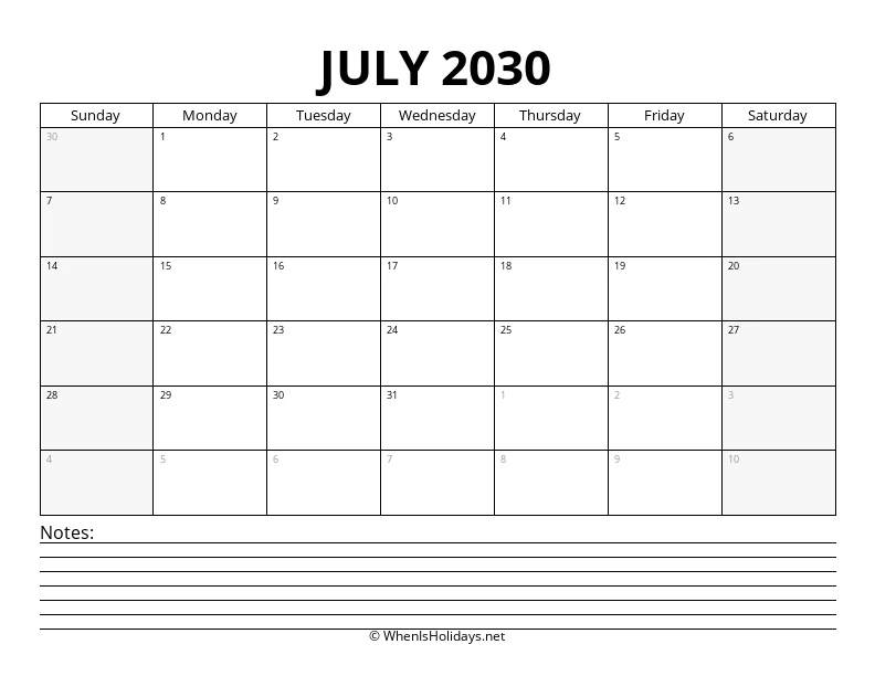July 2030 Bottom Notes Calendar