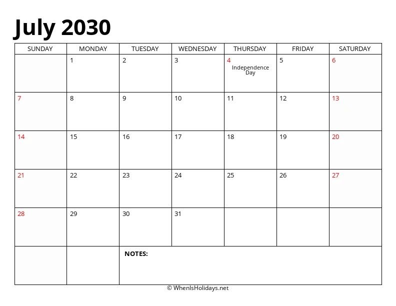 July 2030 Classic Calendar