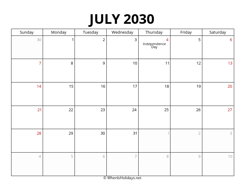 July 2030 Customizable Calendar