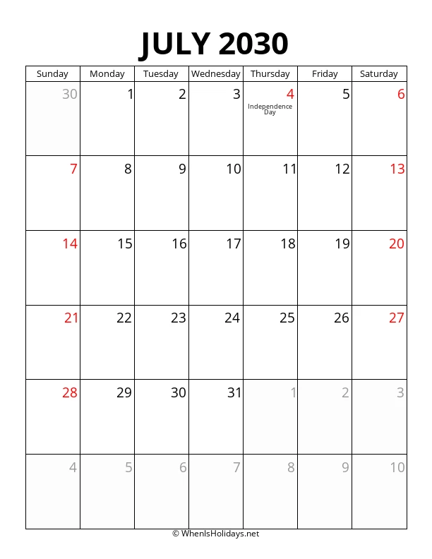 July 2030 Portrait Calendar