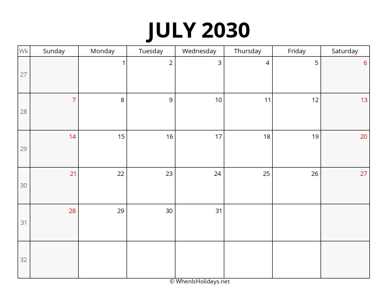 July 2030 Week Number Calendar