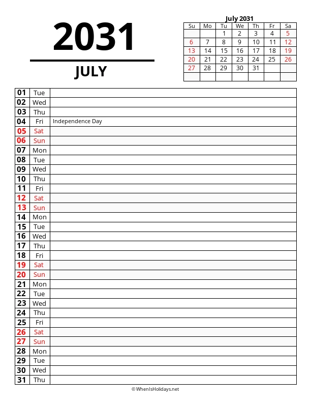 July 2031 Agenda Calendar