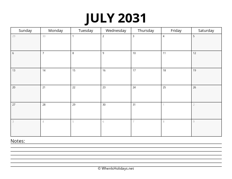 July 2031 Bottom Notes Calendar