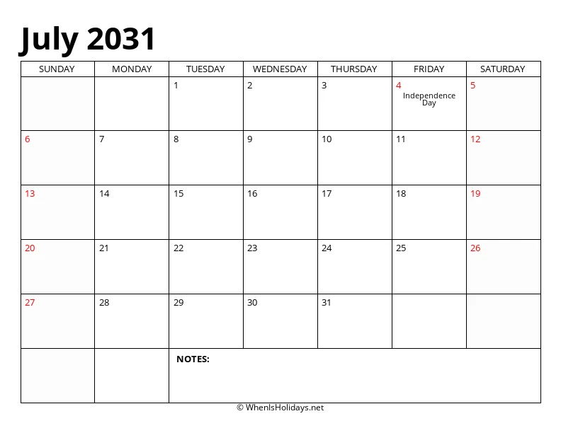 July 2031 Classic Calendar