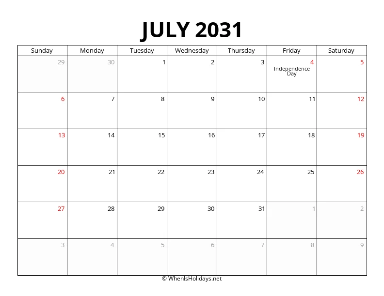 July 2031 Customizable Calendar