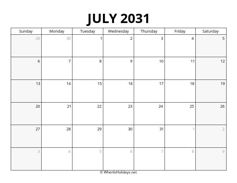 July 2031 Landscape Calendar