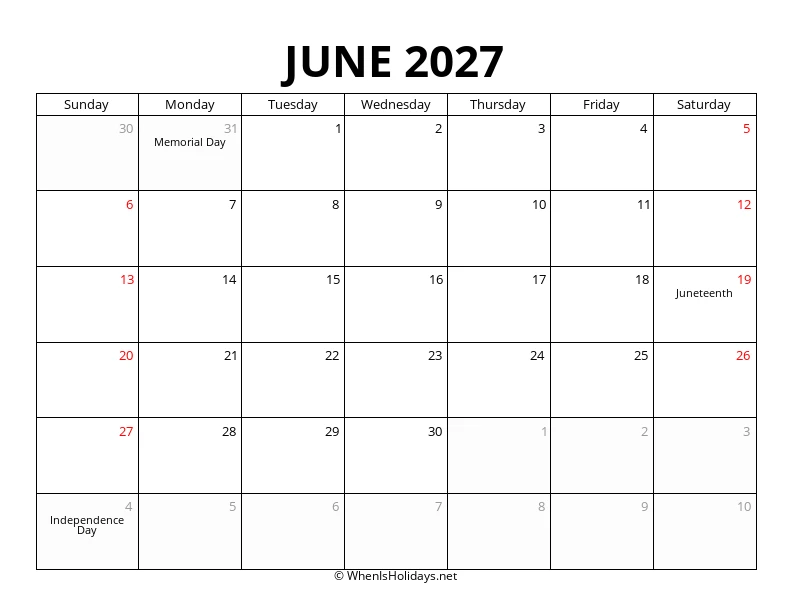 June 2027 Customizable Calendar