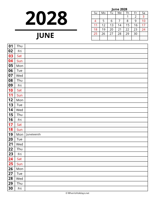 June 2028 Agenda Calendar