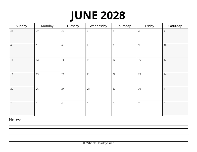 June 2028 Bottom Notes Calendar