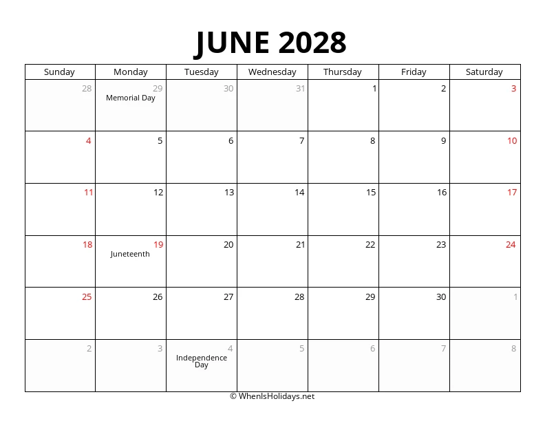 June 2028 Customizable Calendar