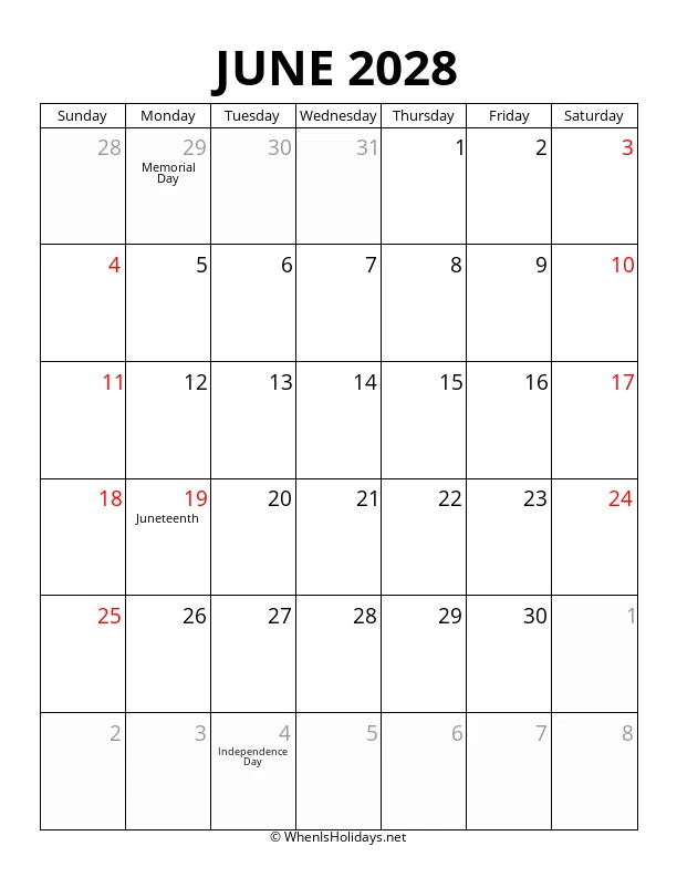 June 2028 Portrait Calendar