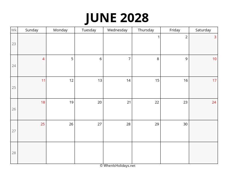 June 2028 Week Number Calendar