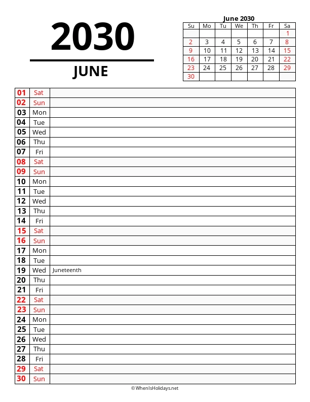 June 2030 Agenda Calendar