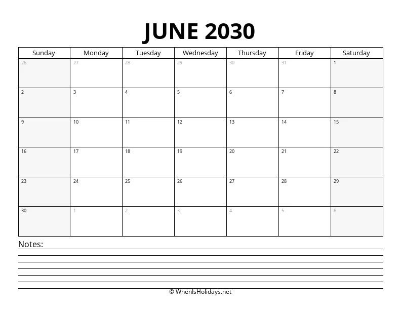 June 2030 Bottom Notes Calendar