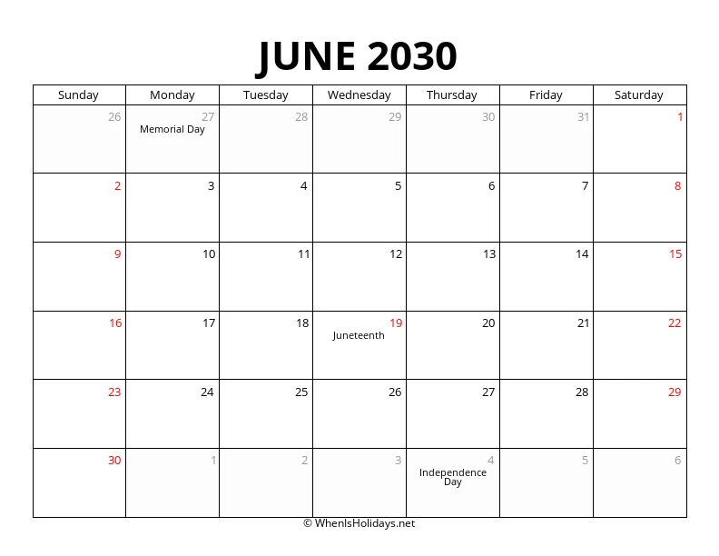 June 2030 Customizable Calendar