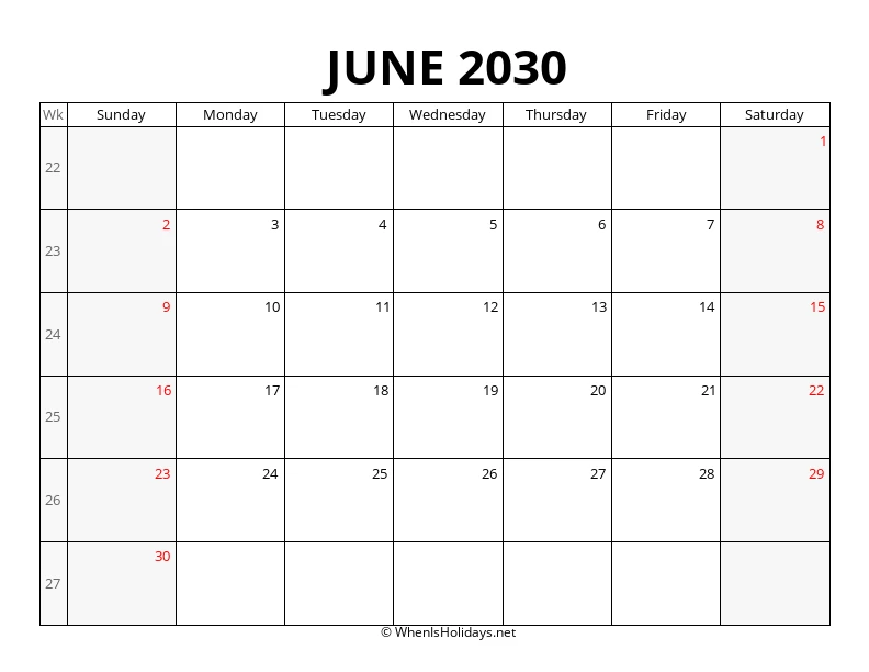 June 2030 Week Number Calendar