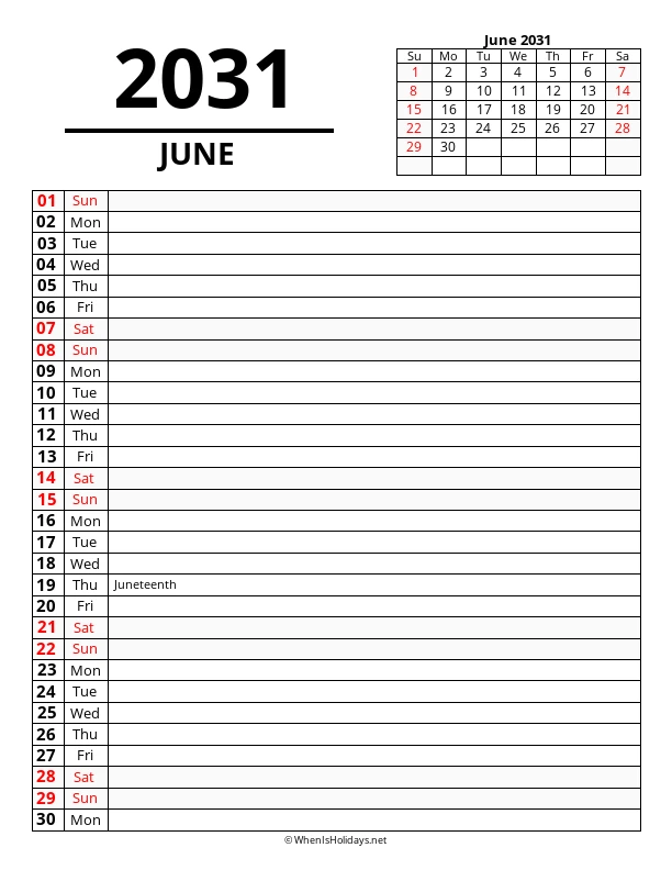 June 2031 Agenda Calendar
