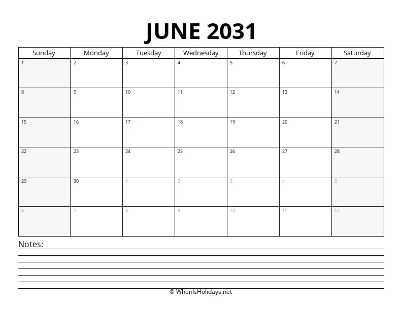 June 2031 Bottom Notes Calendar