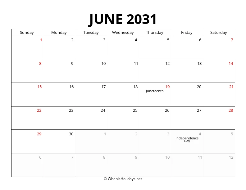 June 2031 Customizable Calendar