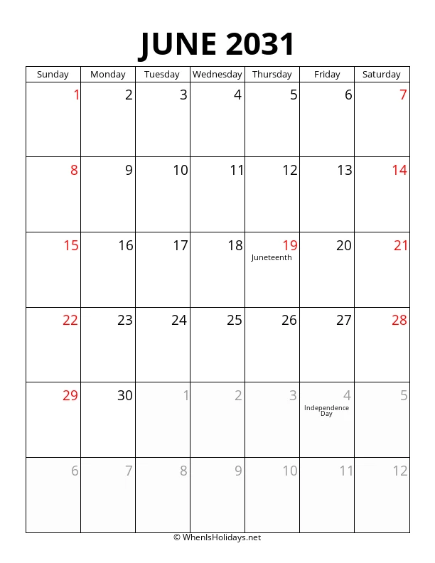 June 2031 Portrait Calendar