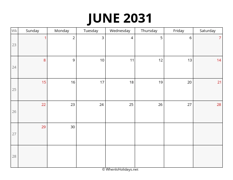 June 2031 Week Number Calendar