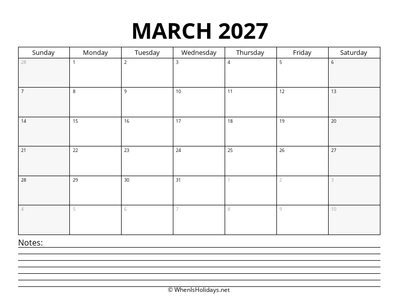 March 2027 Bottom Notes Calendar