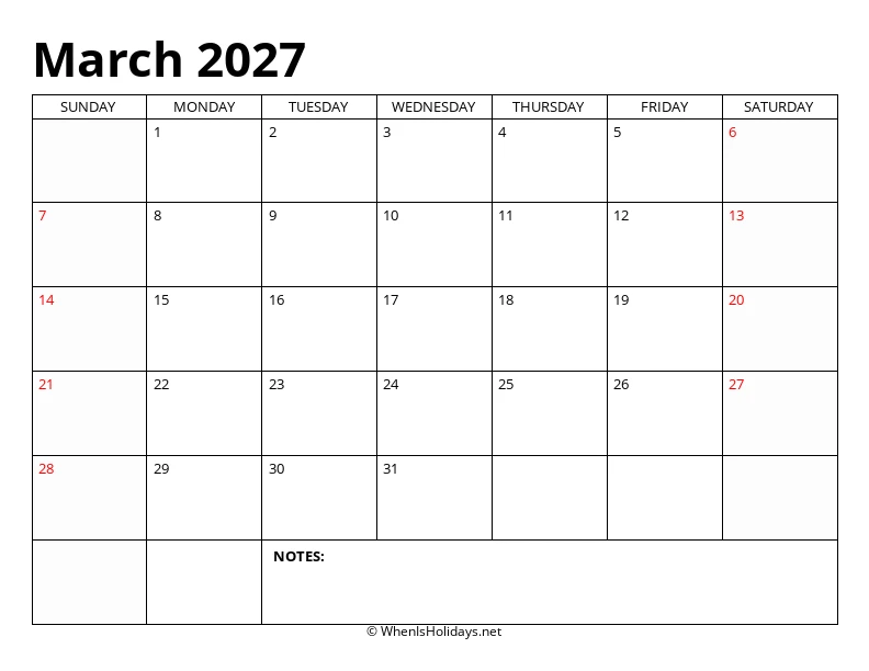 March 2027 Classic Calendar