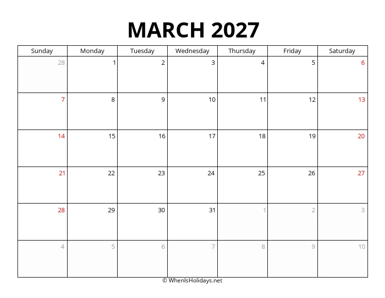 March 2027 Customizable Calendar