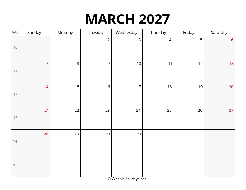 March 2027 Week Number Calendar
