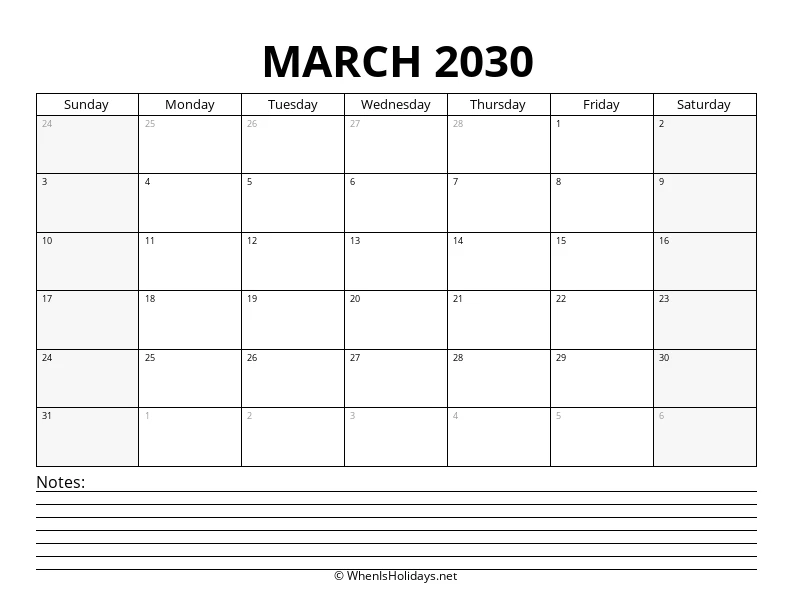 March 2030 Bottom Notes Calendar
