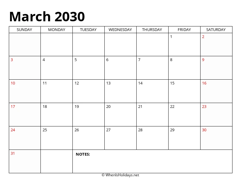 March 2030 Classic Calendar