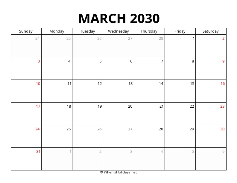 March 2030 Customizable Calendar