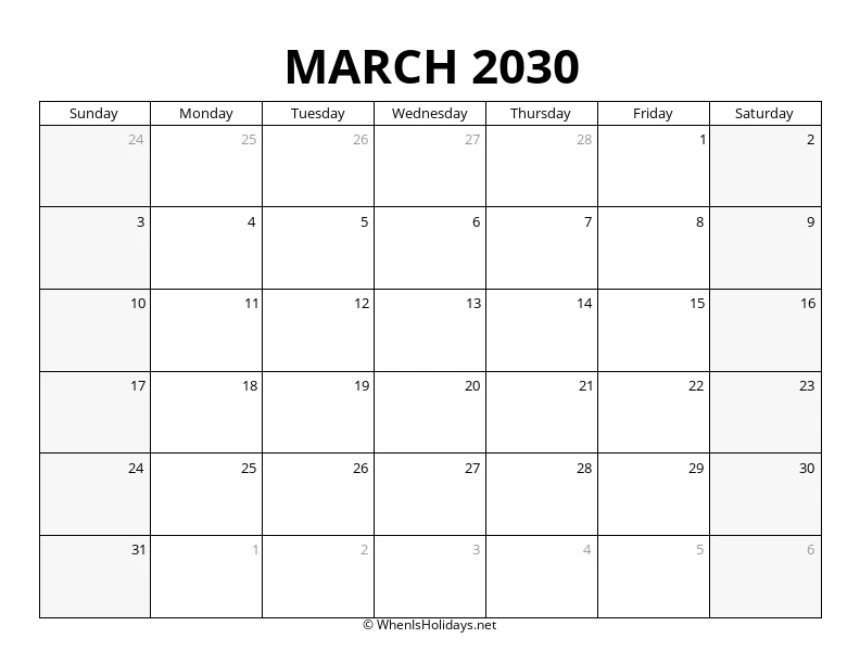 March 2030 Landscape Calendar