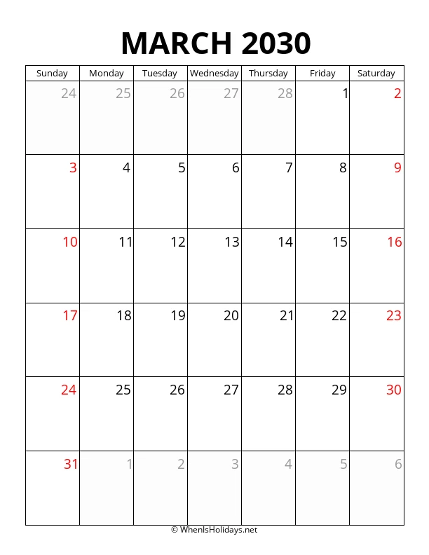 March 2030 Portrait Calendar