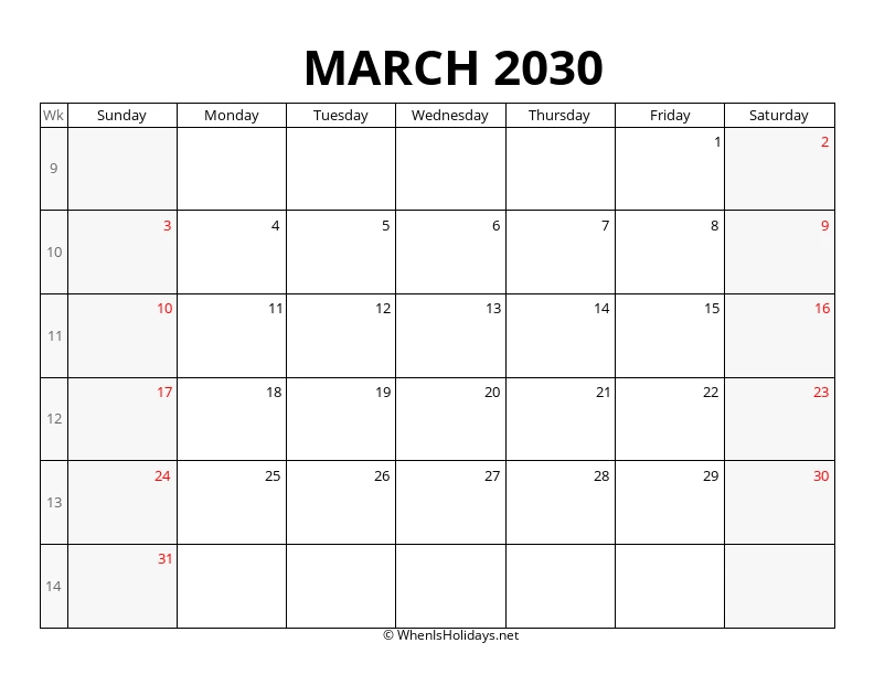 March 2030 Week Number Calendar