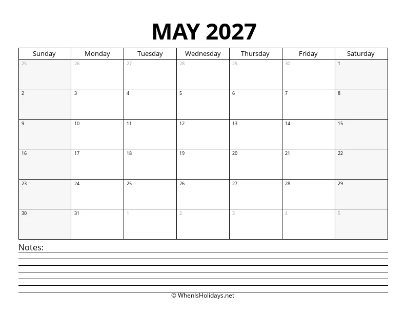 May 2027 Bottom Notes Calendar