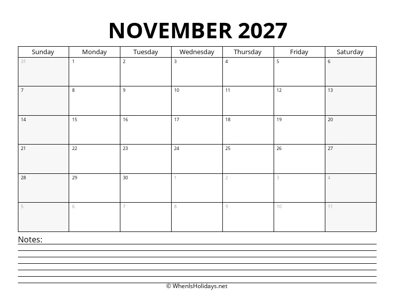 November 2027 Bottom Notes Calendar