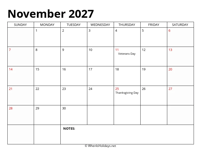 November 2027 Classic Calendar
