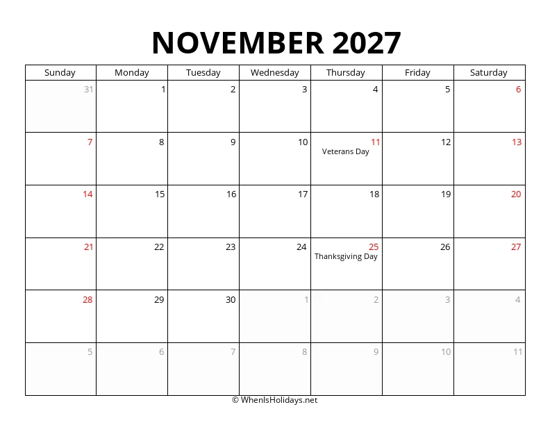 November 2027 Customizable Calendar