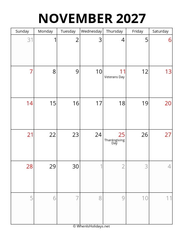 November 2027 Portrait Calendar